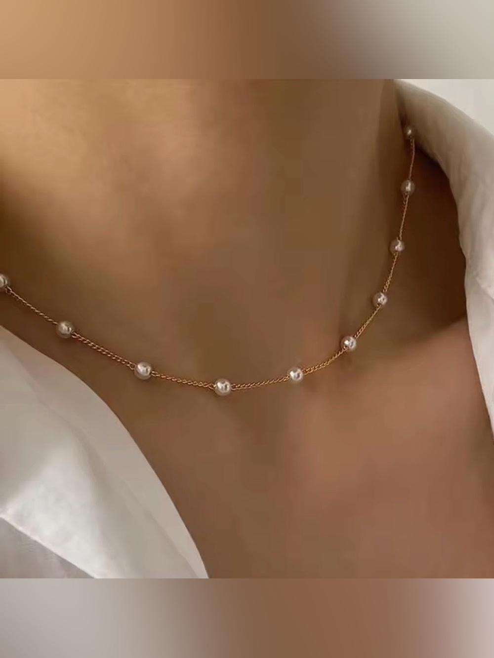 Gold Pearl Station Necklace Unique Luxury Look Bride